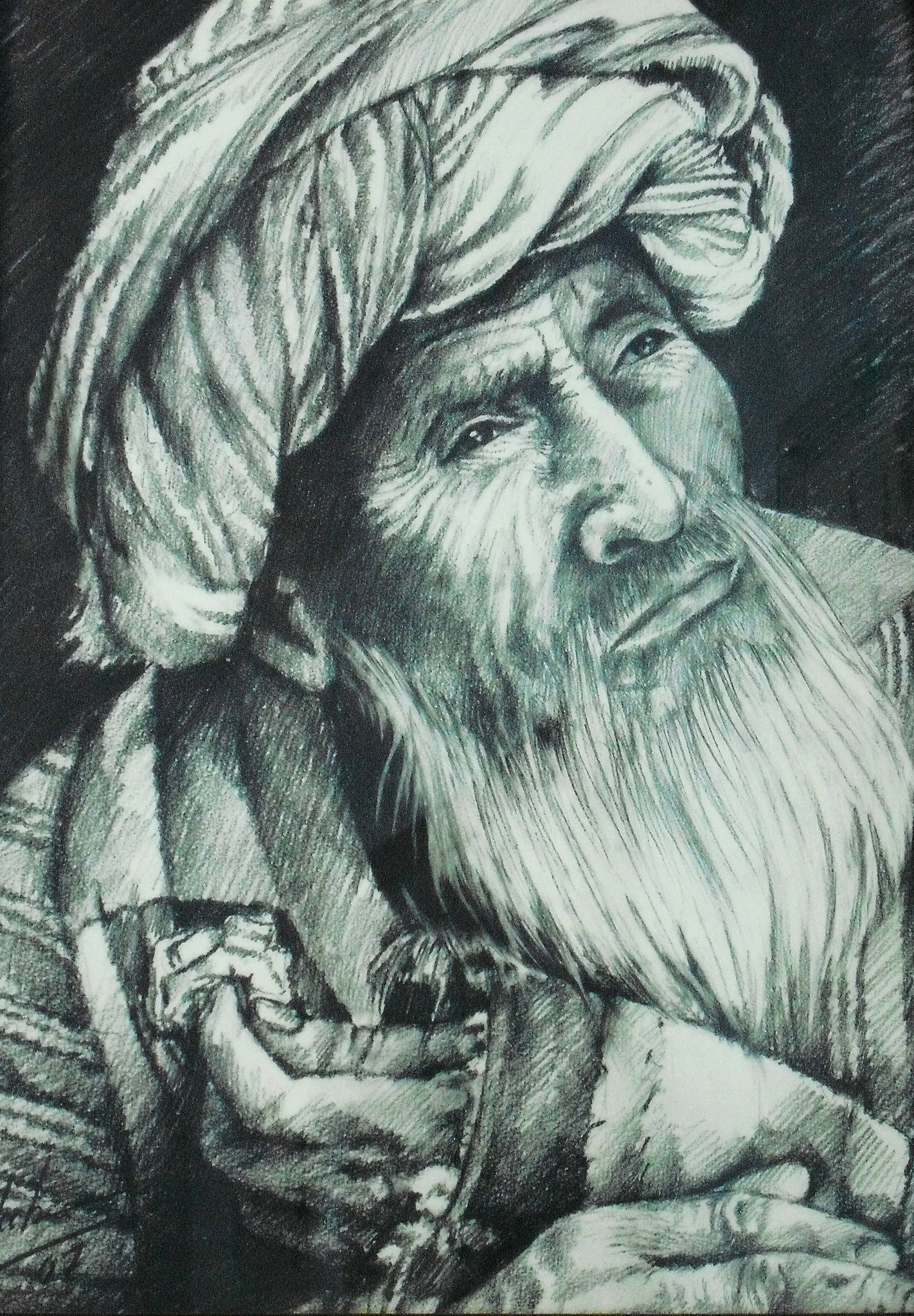 Old Afghan Man Black & White Pencil Artwork