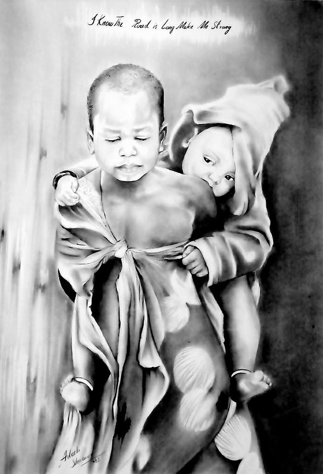 Black and White Charcoal Art of a Boy Carrying His Brother Made from Cigarette Ash and Pencil