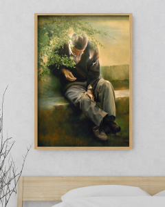 Watercolor Portrait of an Old Man Sitting Near a Flower