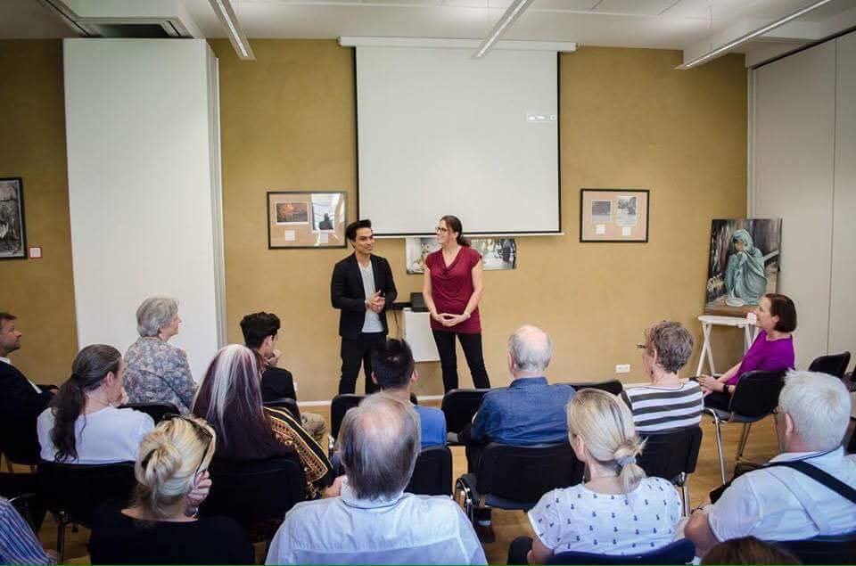 Afghan artist Adeeb speaking at Graz exhibition Austria 2017