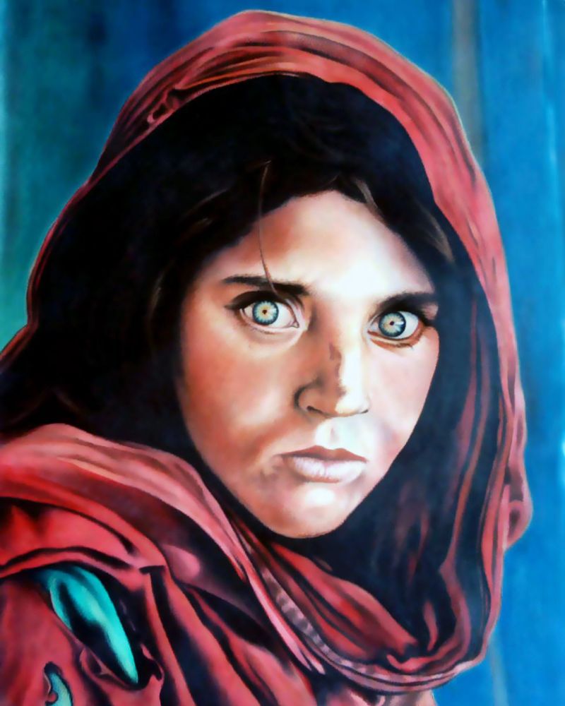 Sharbat Gul pastel color portrait hand-drawn by Afghan artist Adeeb Vienna